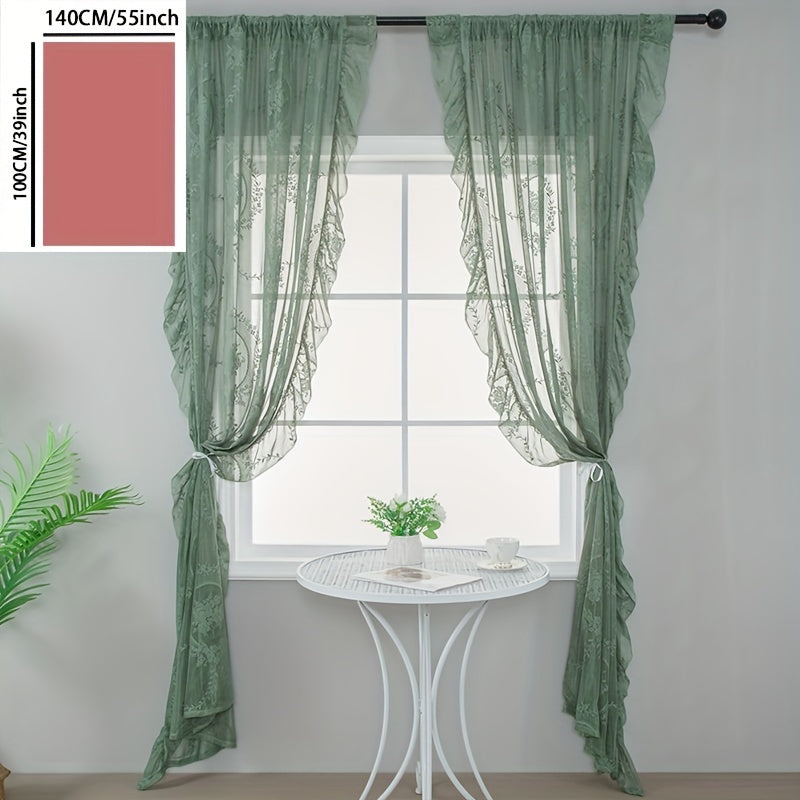 Green Flower Pattern Curtain with Ruffled Edge Rod Pocket