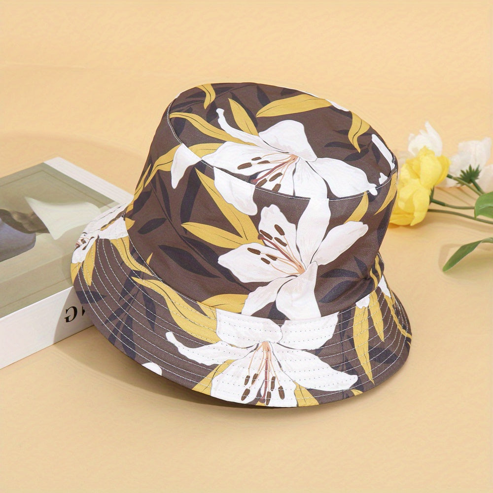 Lily Print Reversible Bucket Hat UV Protection Sunscreen Travel Beach Hats