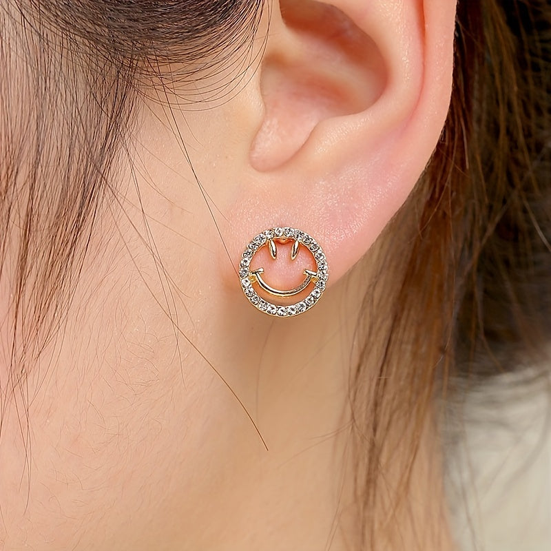 Golden Silvery Smiling Face Zircon Stud Earrings Japanese Style