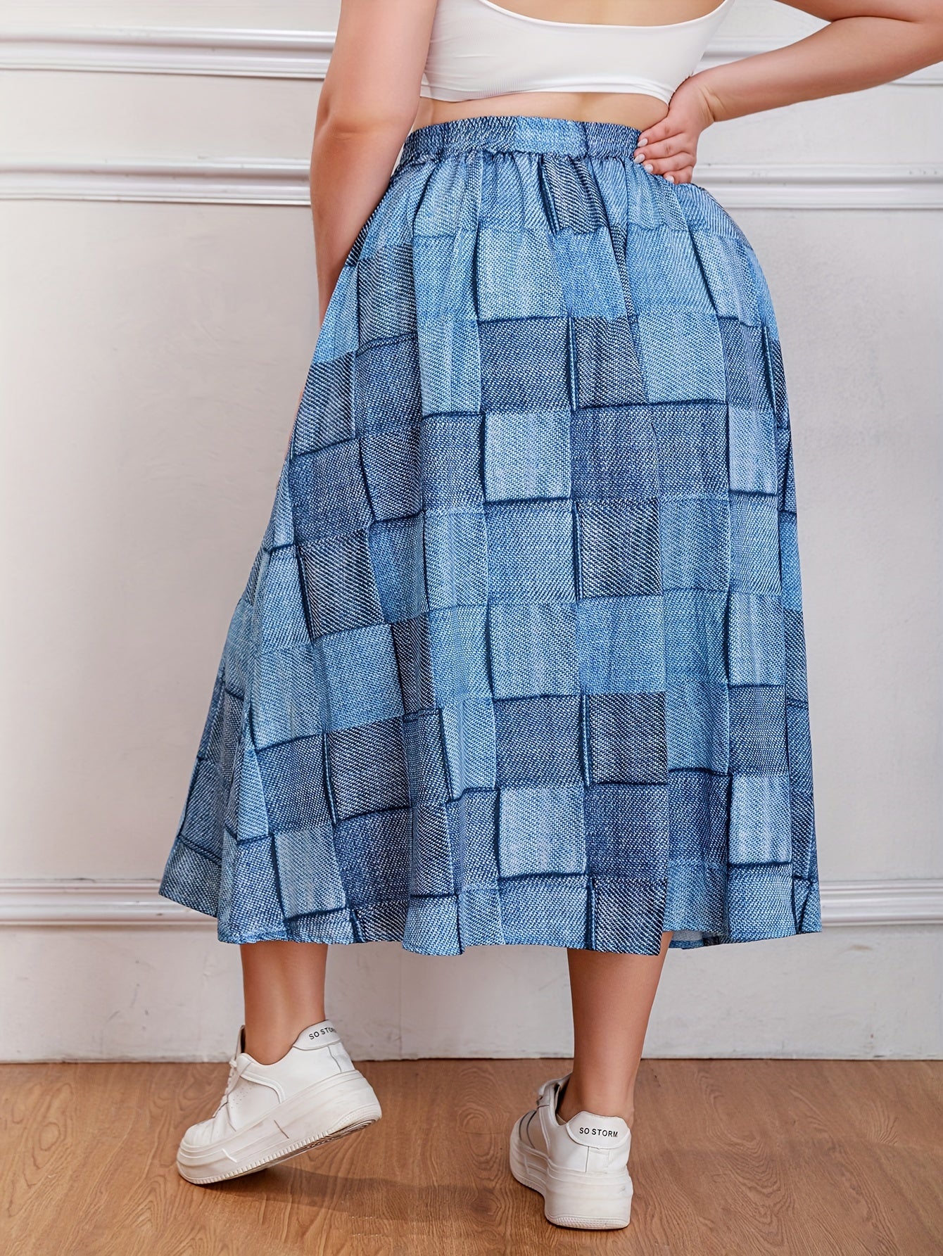  Colorblock Denim Print Maxi Skirt