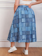 Colorblock Denim Print Maxi Skirt