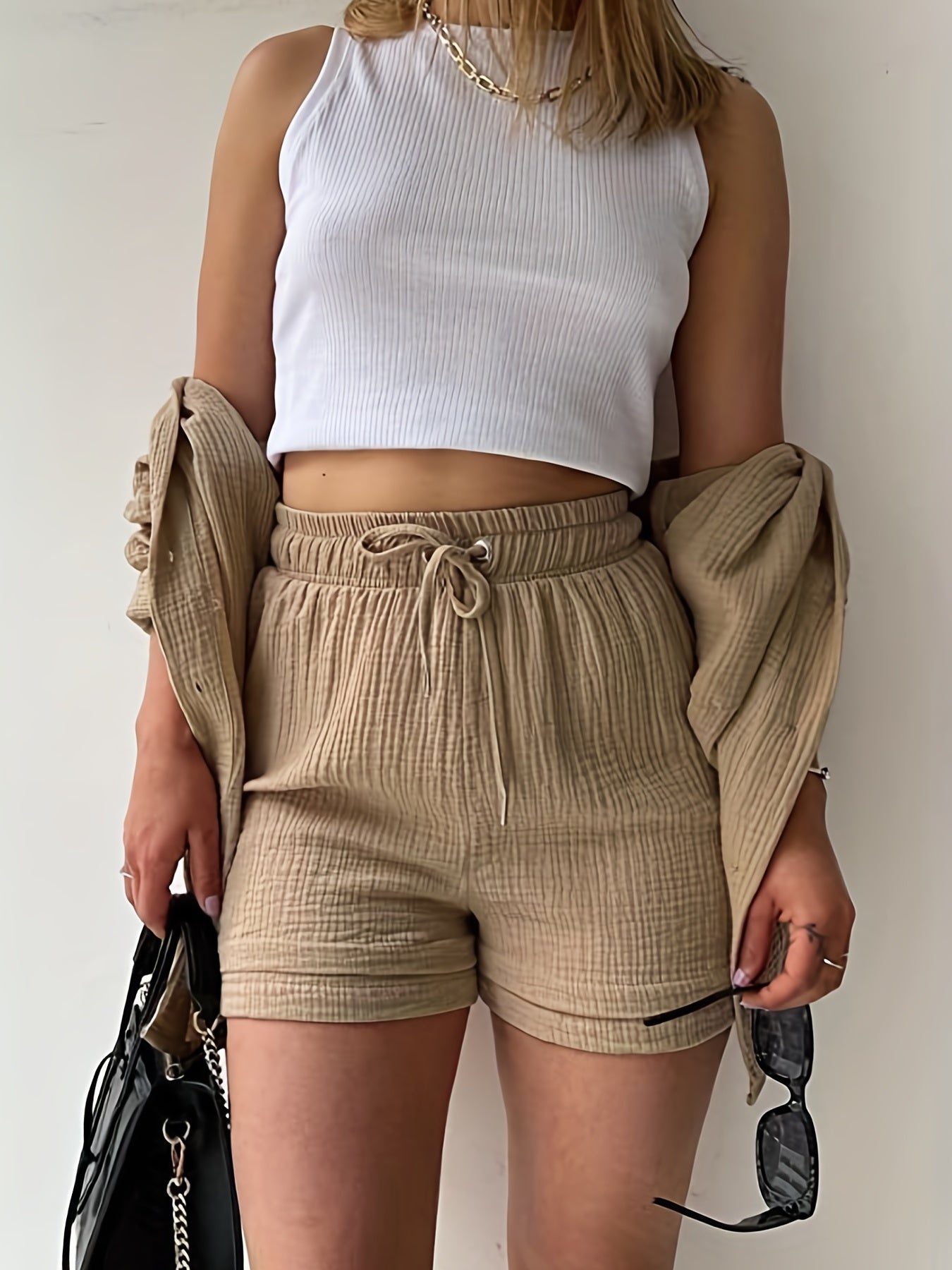 Casual Two piece Set Button Front Shirt & Drawstring Waist S
