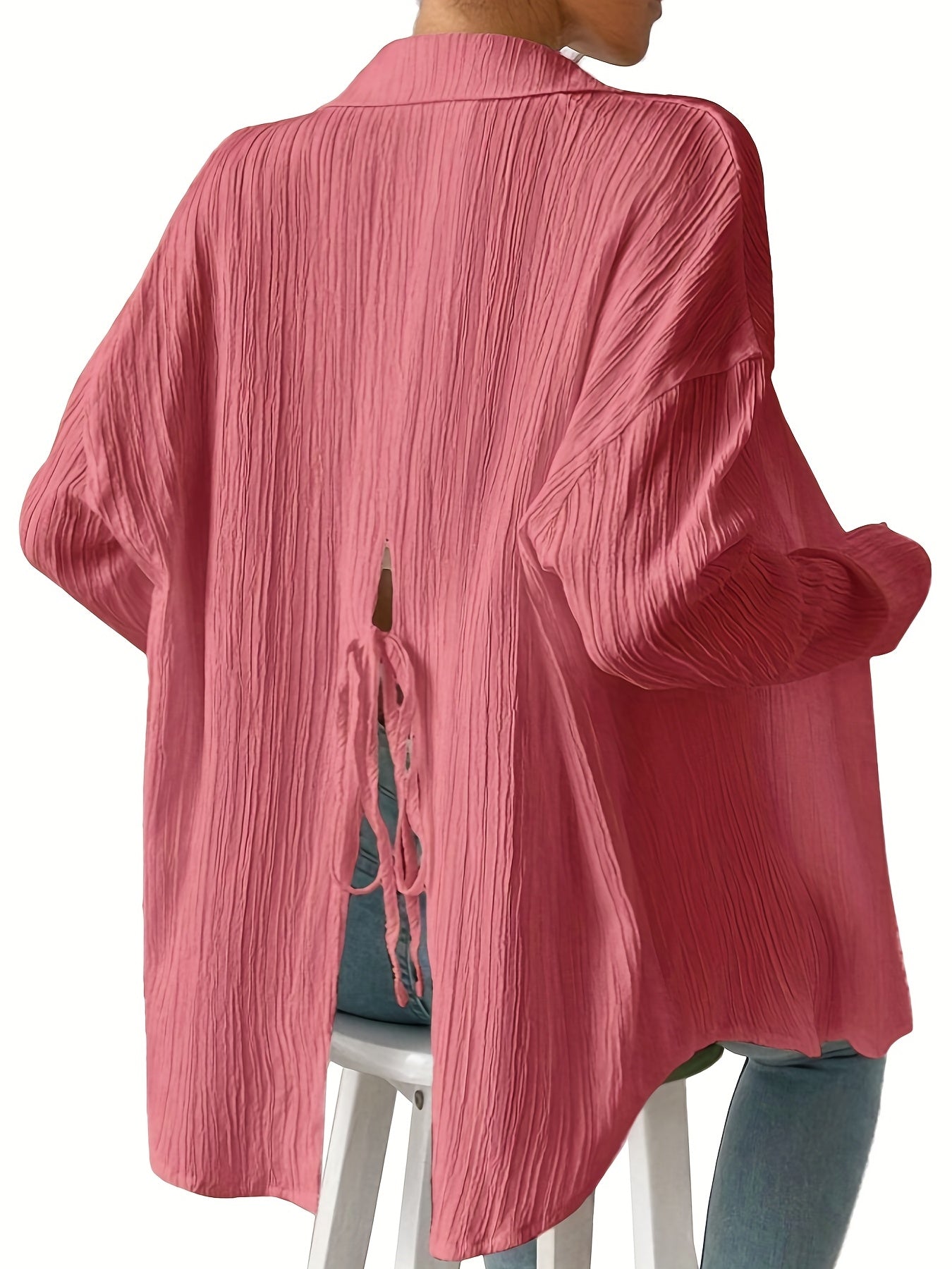  Crinkle Button Up Long Sleeve Blouse