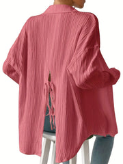  Crinkle Button Up Long Sleeve Blouse