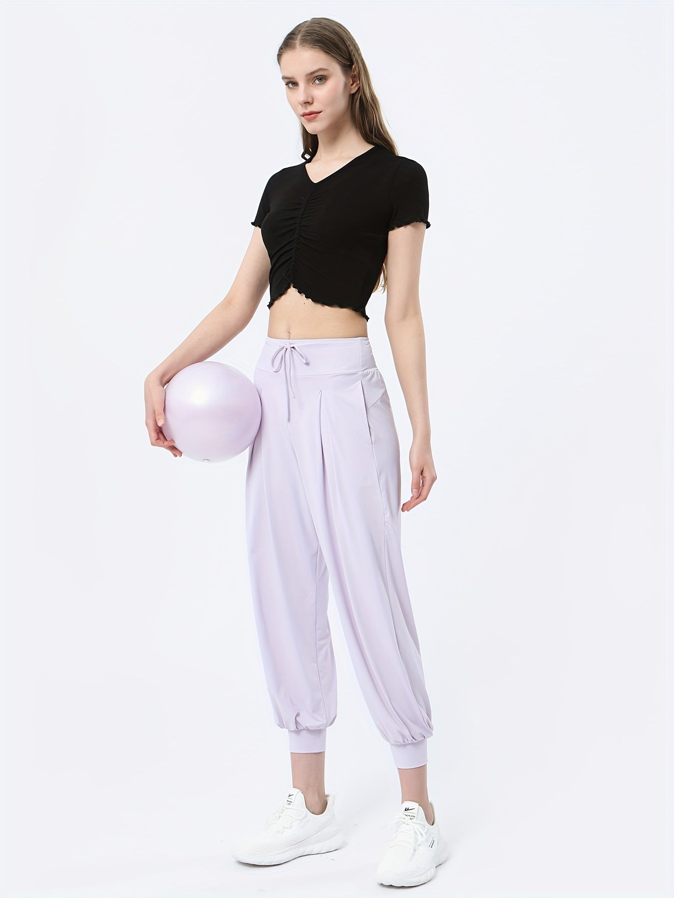Elastic Soft Yoga Pleated Shirt V Neck Crop Top