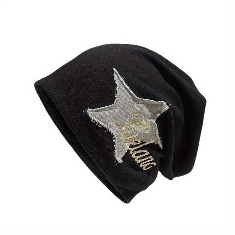 Vintage Star Patch Y2K Beanie Letter Embroidery Solid Skull Cap