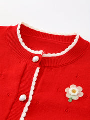 Baby Girl Sweater Coat With Small Flower Decor Knitted Cardigan
