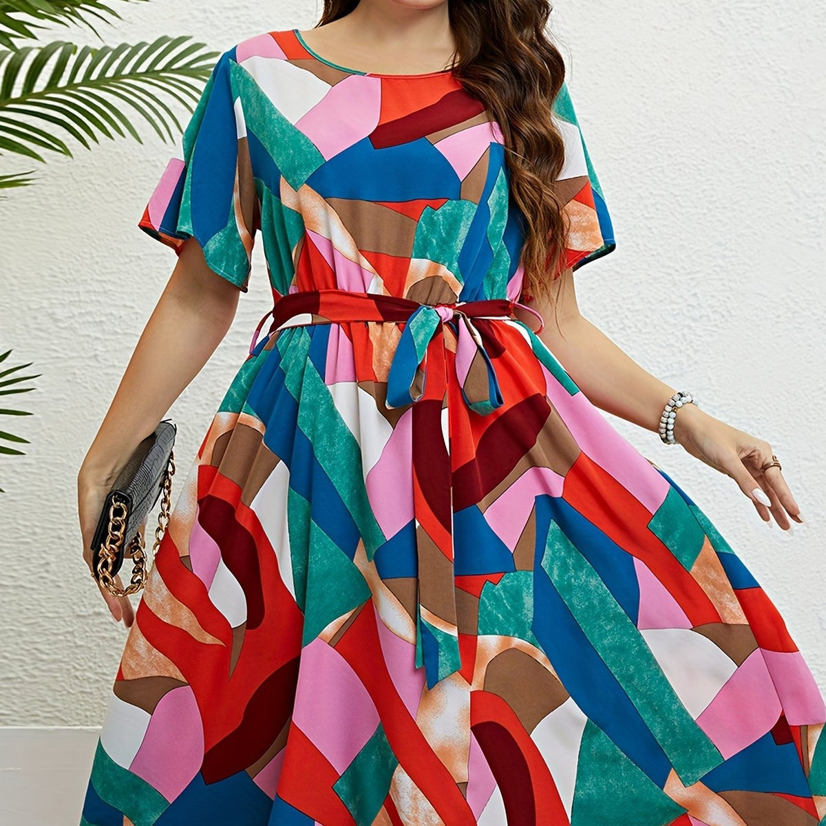  Colorblock Short Sleeve Dress With Belt