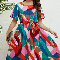  Colorblock Short Sleeve Dress With Belt