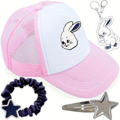 4pcs Rabbit Print Trucker Hat, Kpop Keychain, Pentagram Clip, Hair Tie