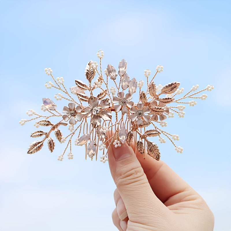 Rose Gold Hair Comb Crystal Floral Leaf Bridal Wedding Headpiece