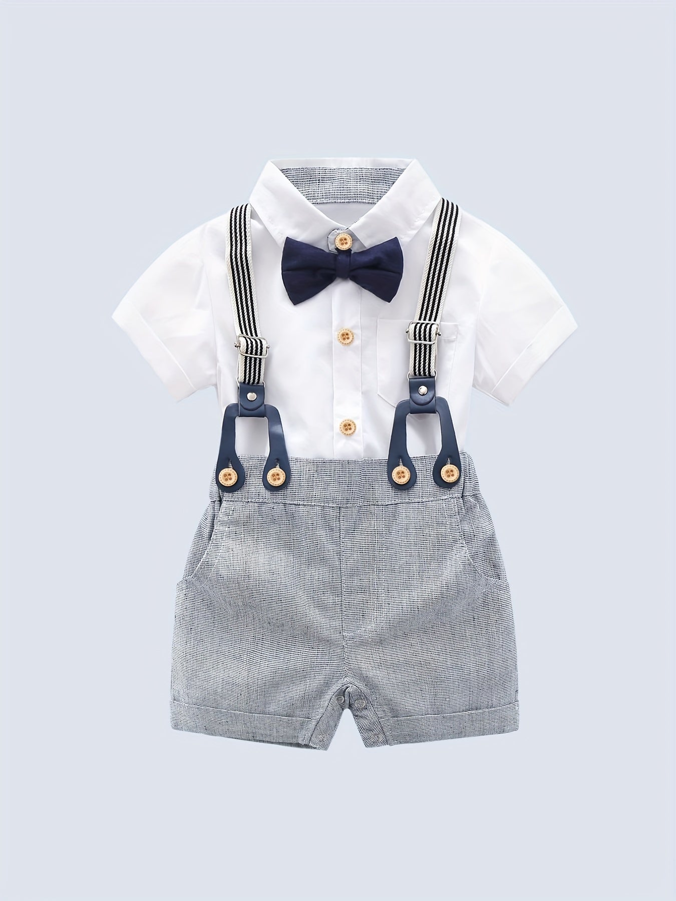Baby Boys Gentleman Shirt Set With Bow Tie & Suspender Shorts