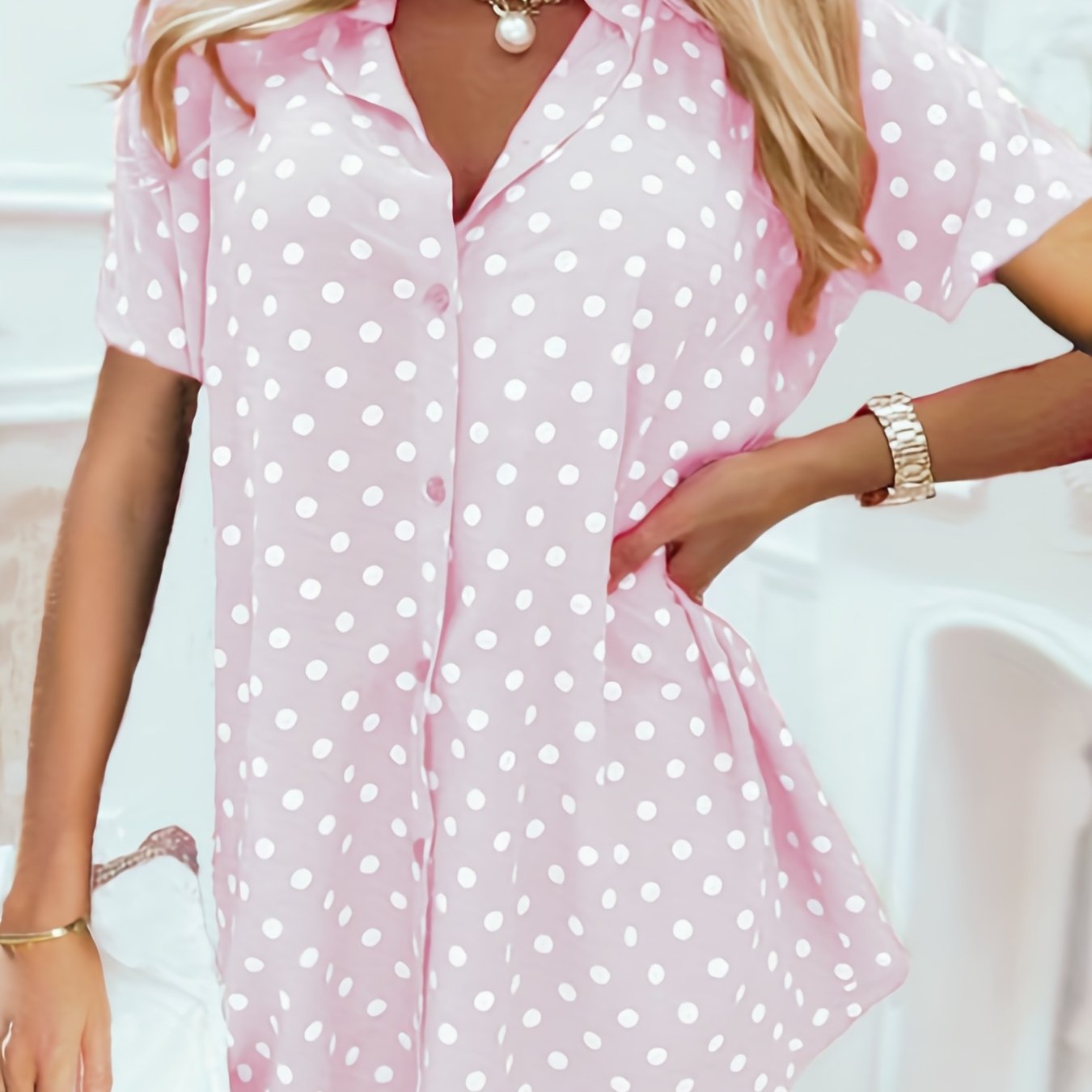  Polka Dots Button Up Short Sleeve Blouse