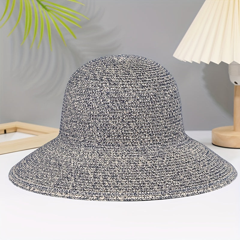 Bowknot Ponytail Sun Hat Straw Plaid Basin Hat