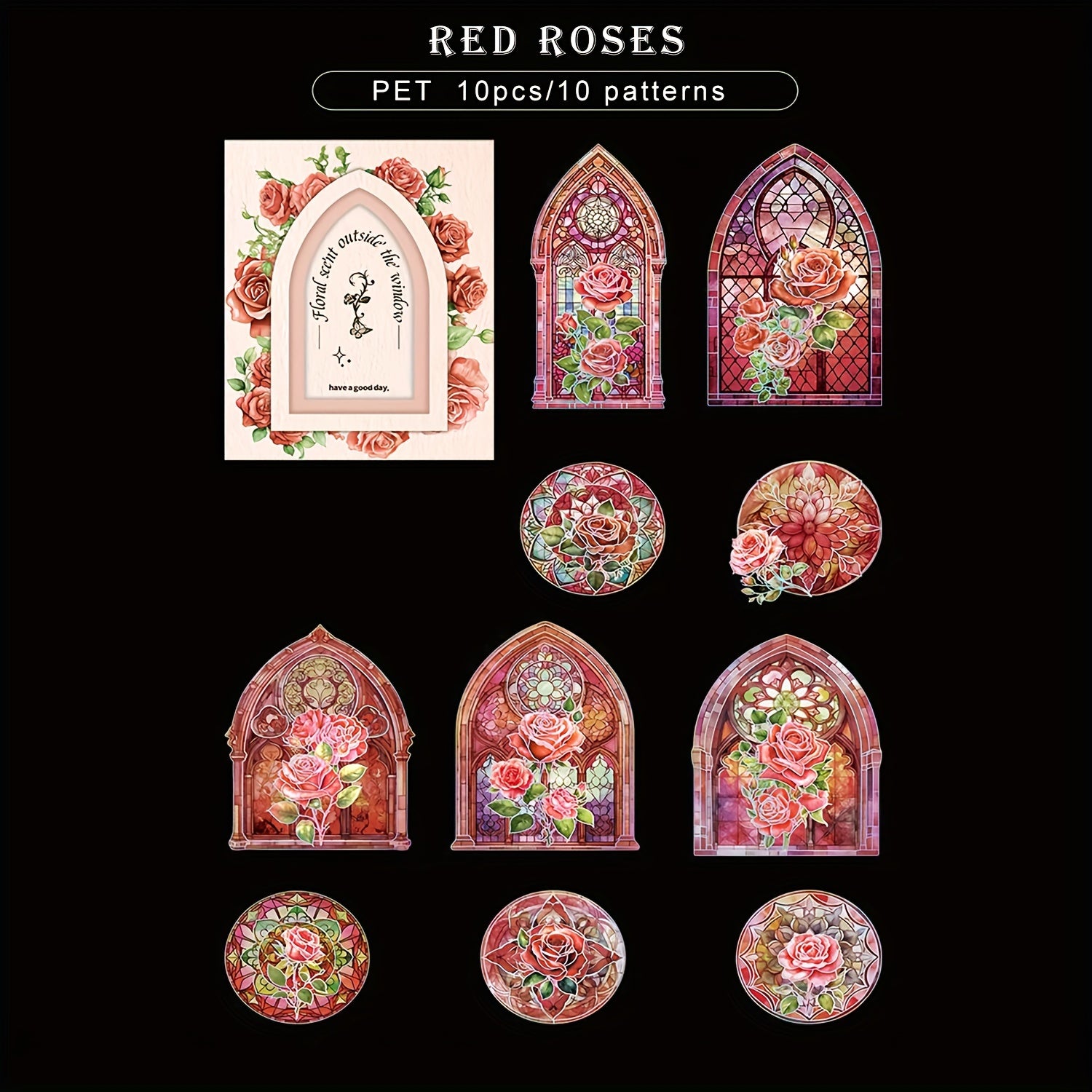 10pcs Waterproof Rose Window Stickers for Planners Scrapbook Laptops