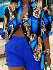  Colorblock Leopard Print Blouse & Shorts 2 Piece Set