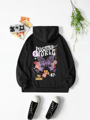 Butterfly & Flower Print Hoodie Sweatshirt Women's Casual Sports Top