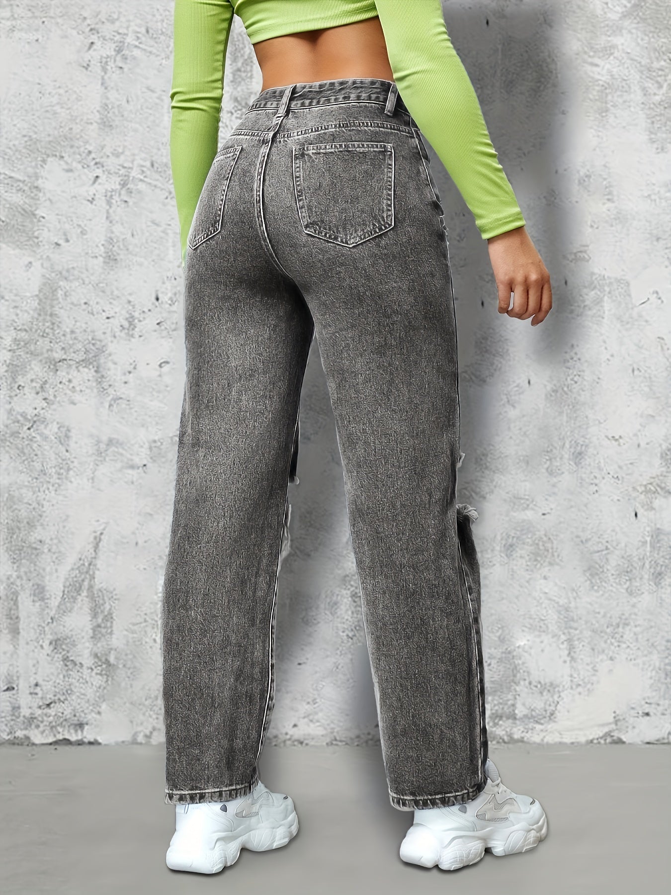 Grey Ripped Holes Straight Jeans Distressed Loose Fit Slash Pockets Denim Pants