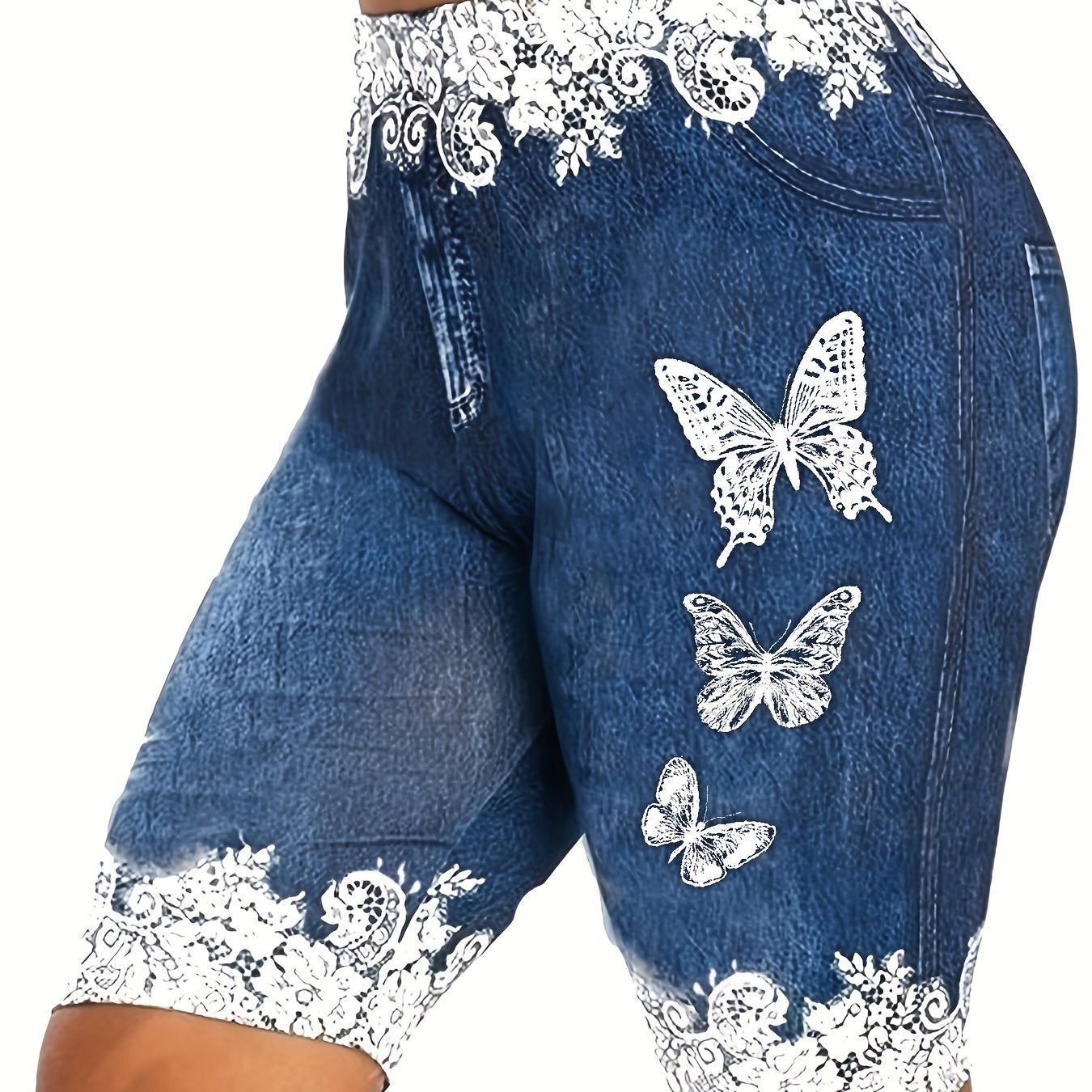  Denim & Butterfly Print Stretchy Skinny Shorts