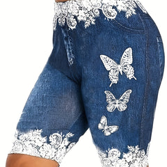  Denim & Butterfly Print Stretchy Skinny Shorts
