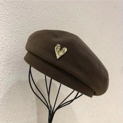 Metal Heart Label Beret Solid Beret Cap