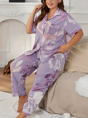 Floral Print Pajama Set Short Sleeve Button Up Shirt & Pants Lounge S