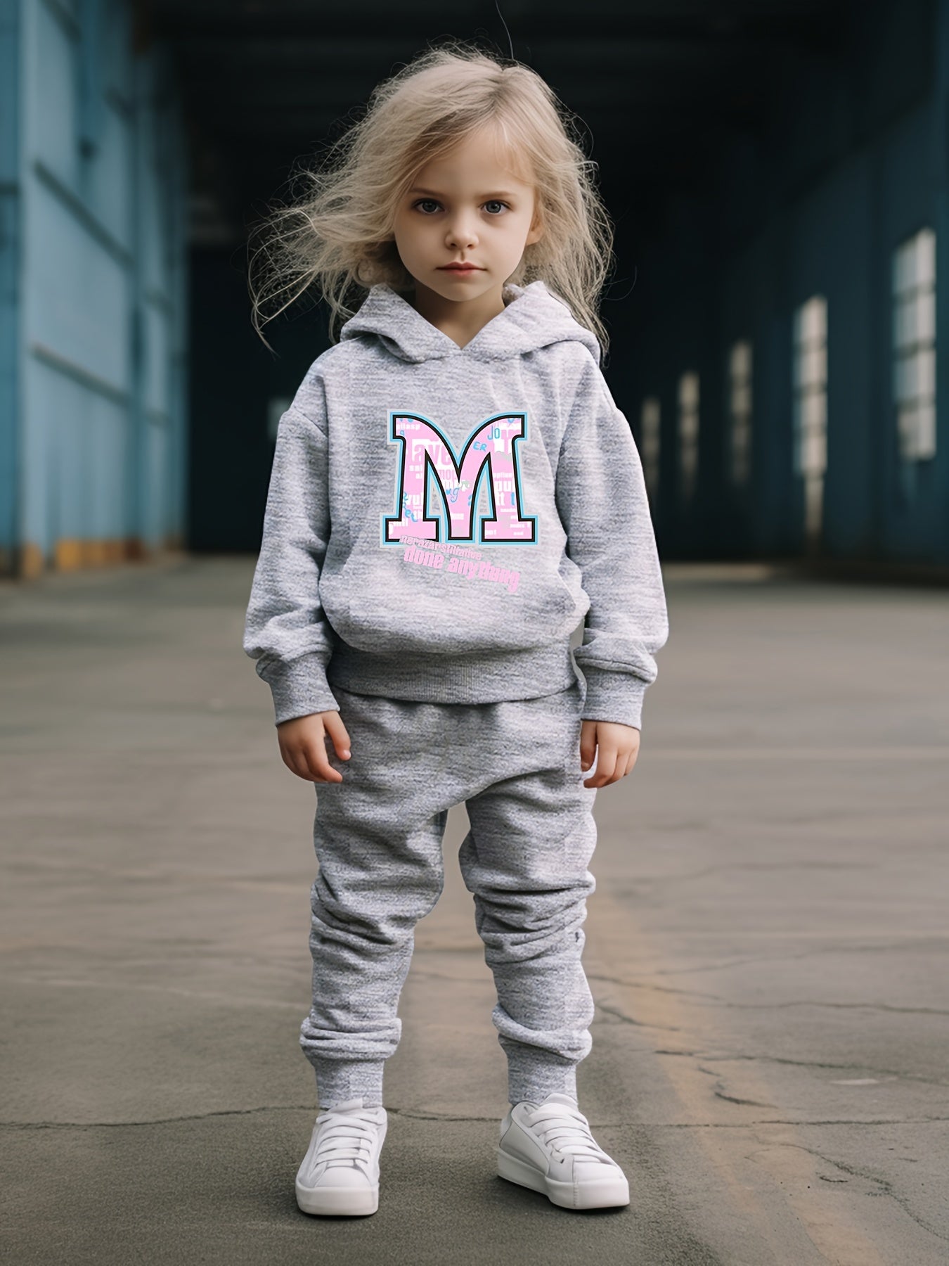 Girls Boys 2pcs M Letter Hooded Pullover Pants Set for Sports