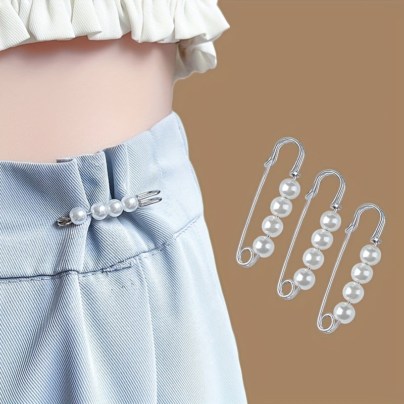 3pcs Faux Pearl Beads Pants Waist Pin Clothes Fixed Brooch
