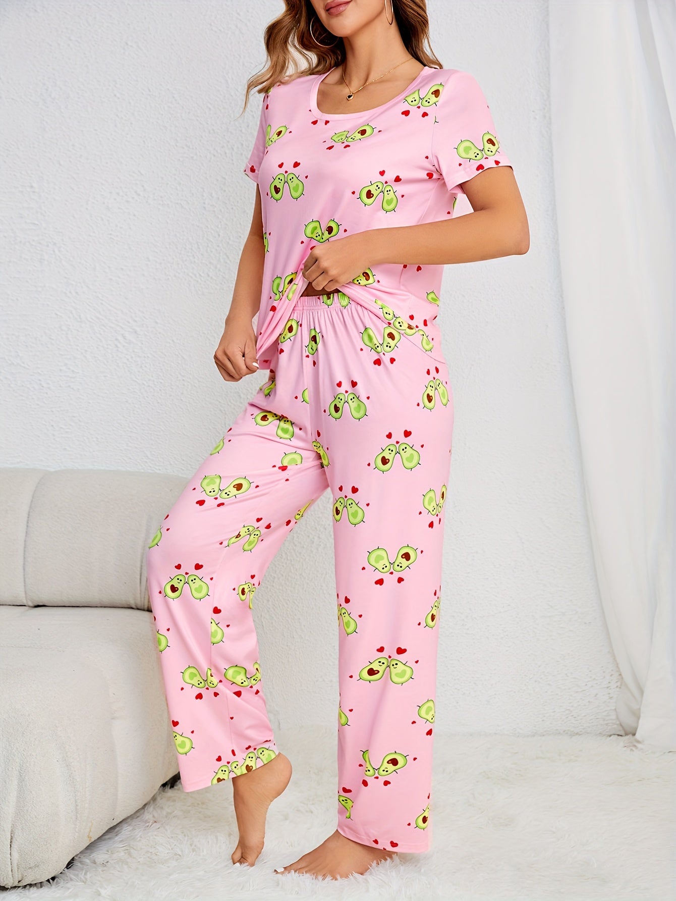 Avocado Print Pajama Set Short Sleeve Top & Pants Women's Sleepwear