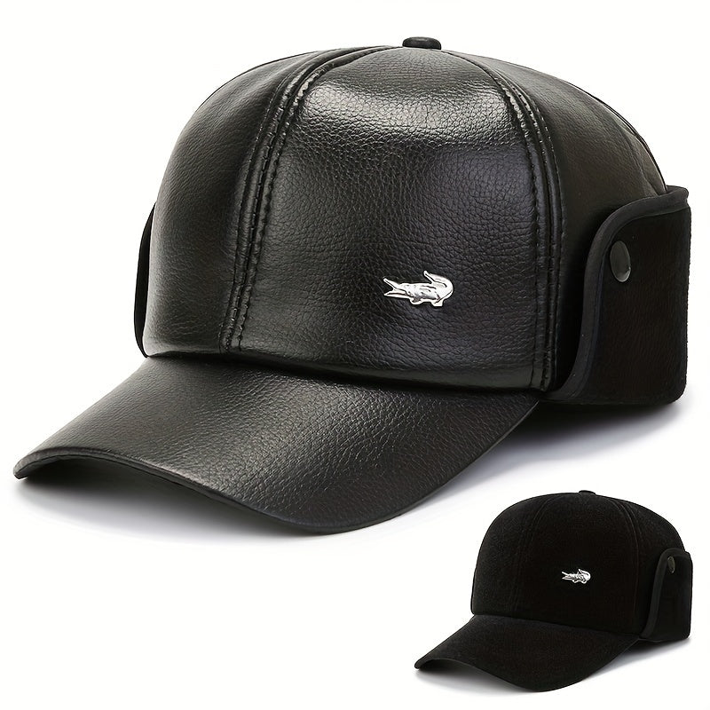 Men's Winter Ear Protection Fleece Leather Hat Outdoor Ski Cap