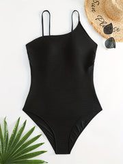  Solid Ribbed High Neck One Piece Swimsuit