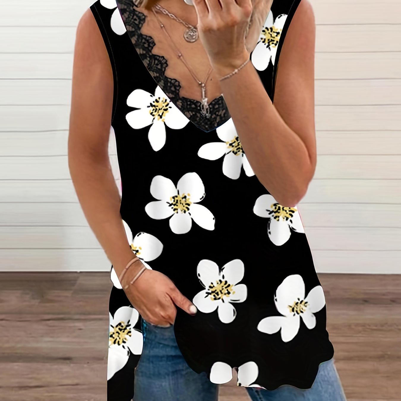  Floral Print Lace Trim V Neck Tank Top
