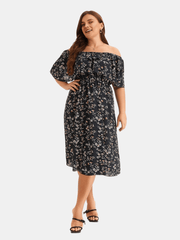  Ditsy Print Off Shoulder Ruffle Trim Dress