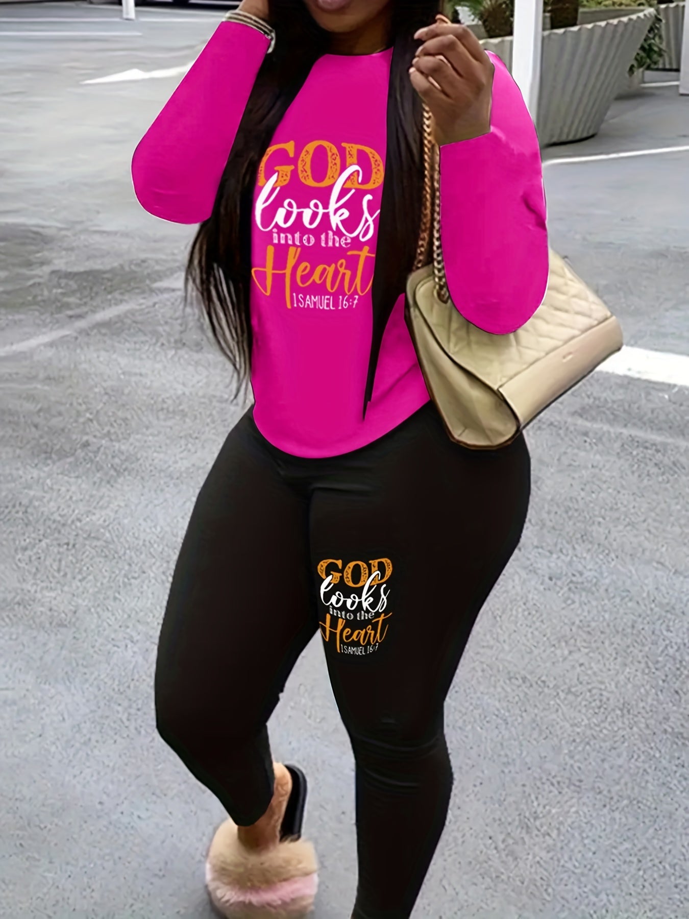 Women's Plus Slogan Print Top & Leggings Set