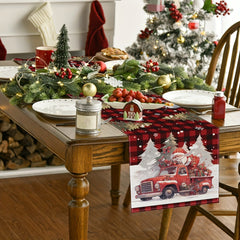 Polyester Merry Christmas Table Runner Red Plaid Santa Claus Printed Table Cover