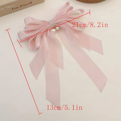 Bow & Faux Pearl Decor Hair Clip French Barrette Silk Hair Pin