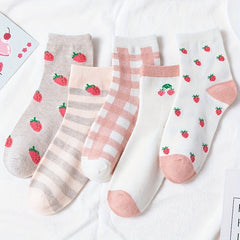 5 Pairs Strawberry Print Socks Mid Tube Women's Stockings