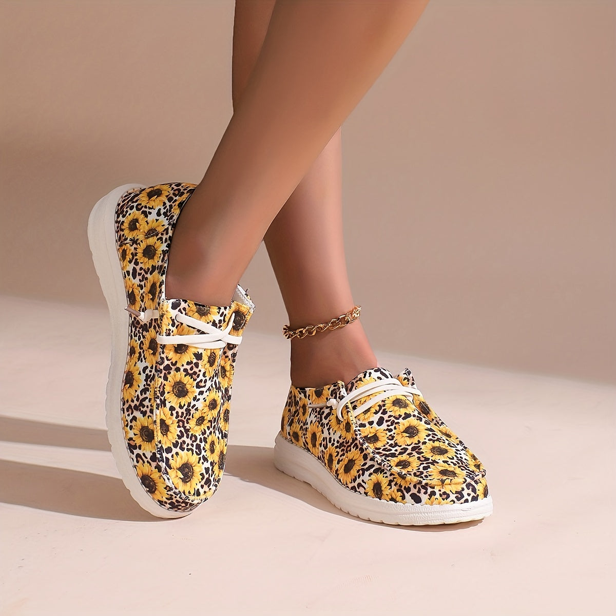 Women's Sunflower & Leopard Print Skateboard Shoes Lightweight Walking Shoes
