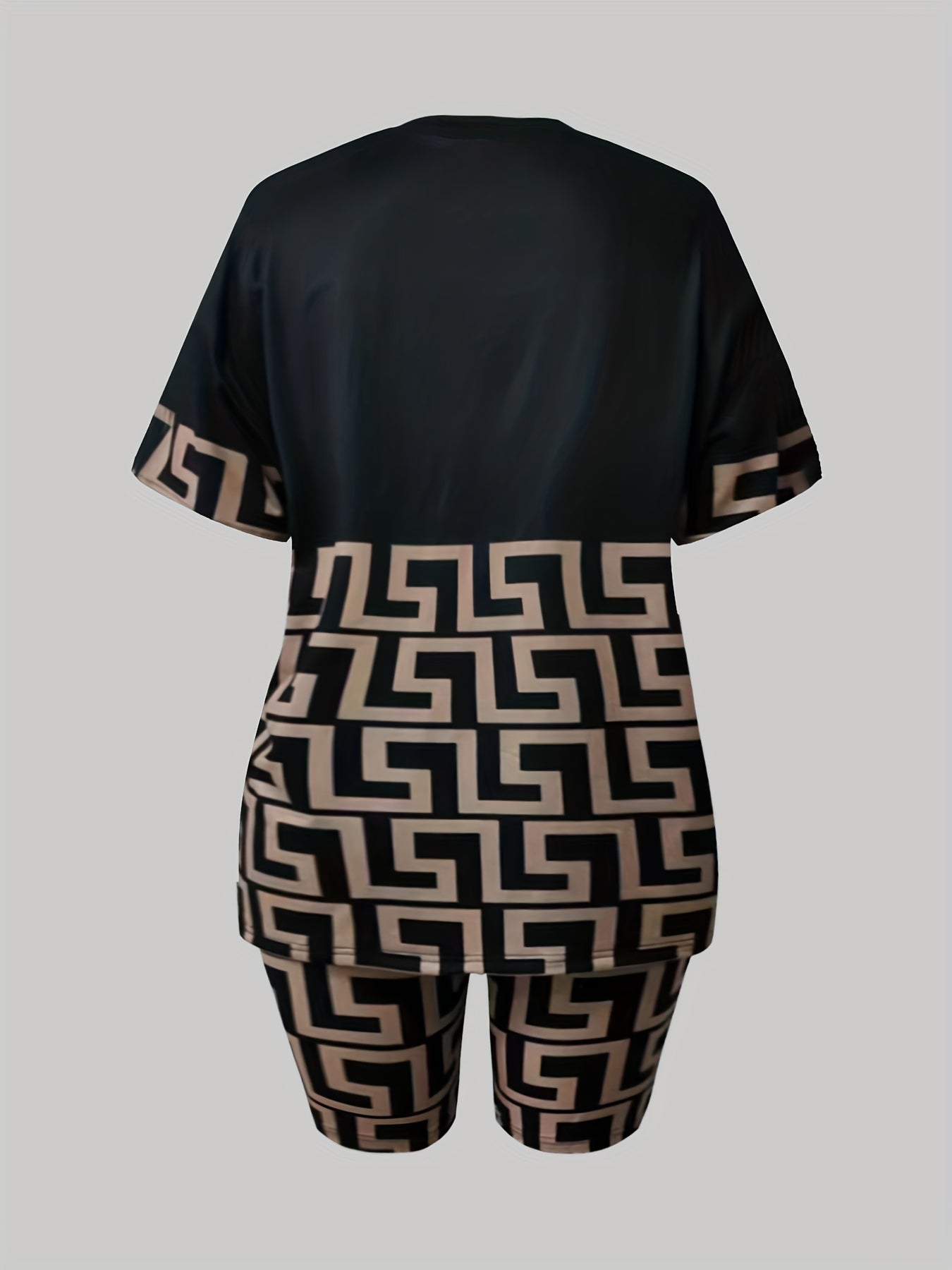 Greek Print Casual Two piece Set Crew Neck Short Sleeve T shirt & Slim Shorts