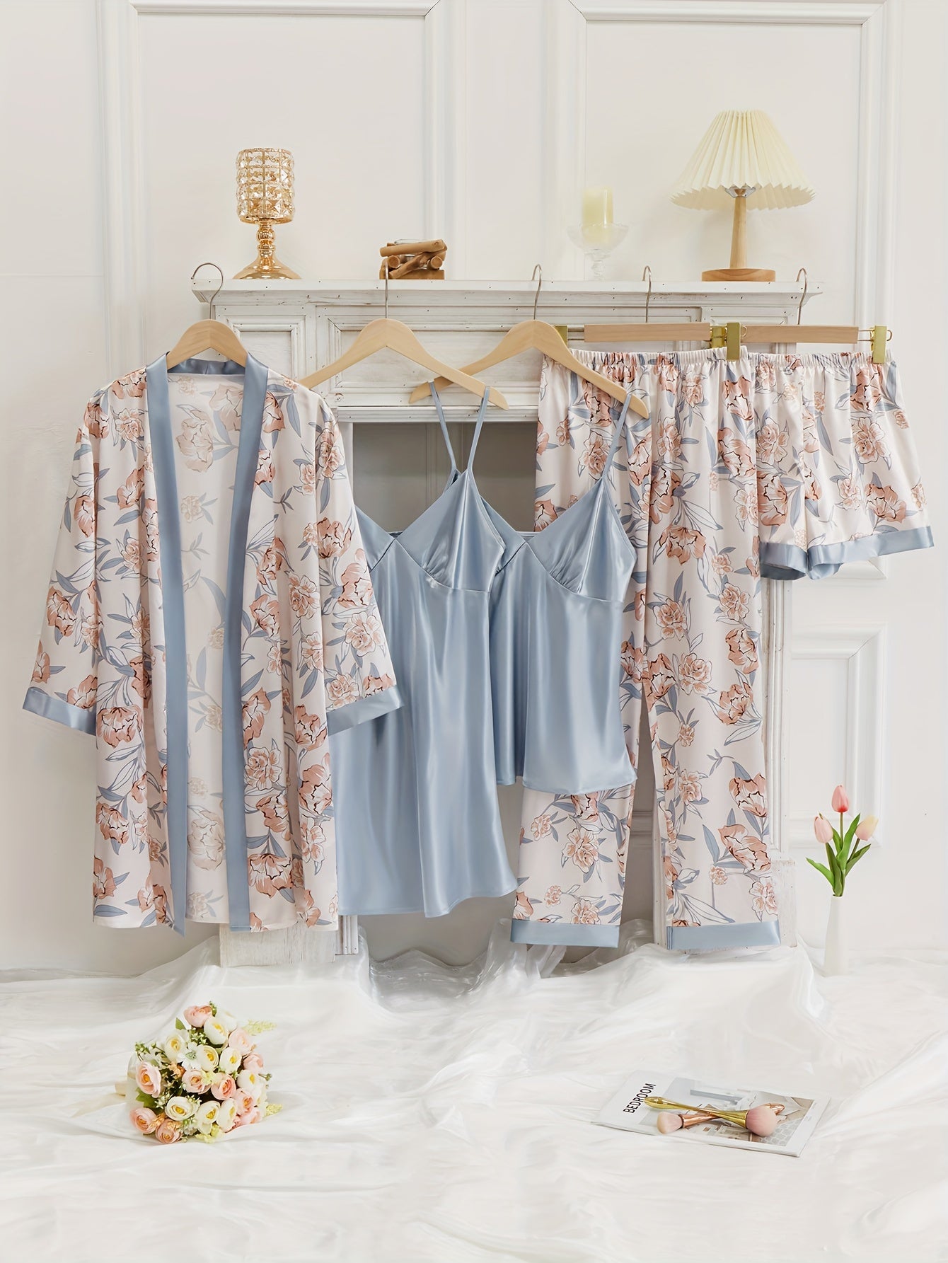 Floral Print Pajama Set: Robe, V Neck Top, Dress, Shorts