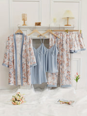 Floral Print Pajama Set: Robe, V Neck Top, Dress, Shorts