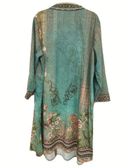  Floral Geometric Print Long Sleeve Shirt Dress