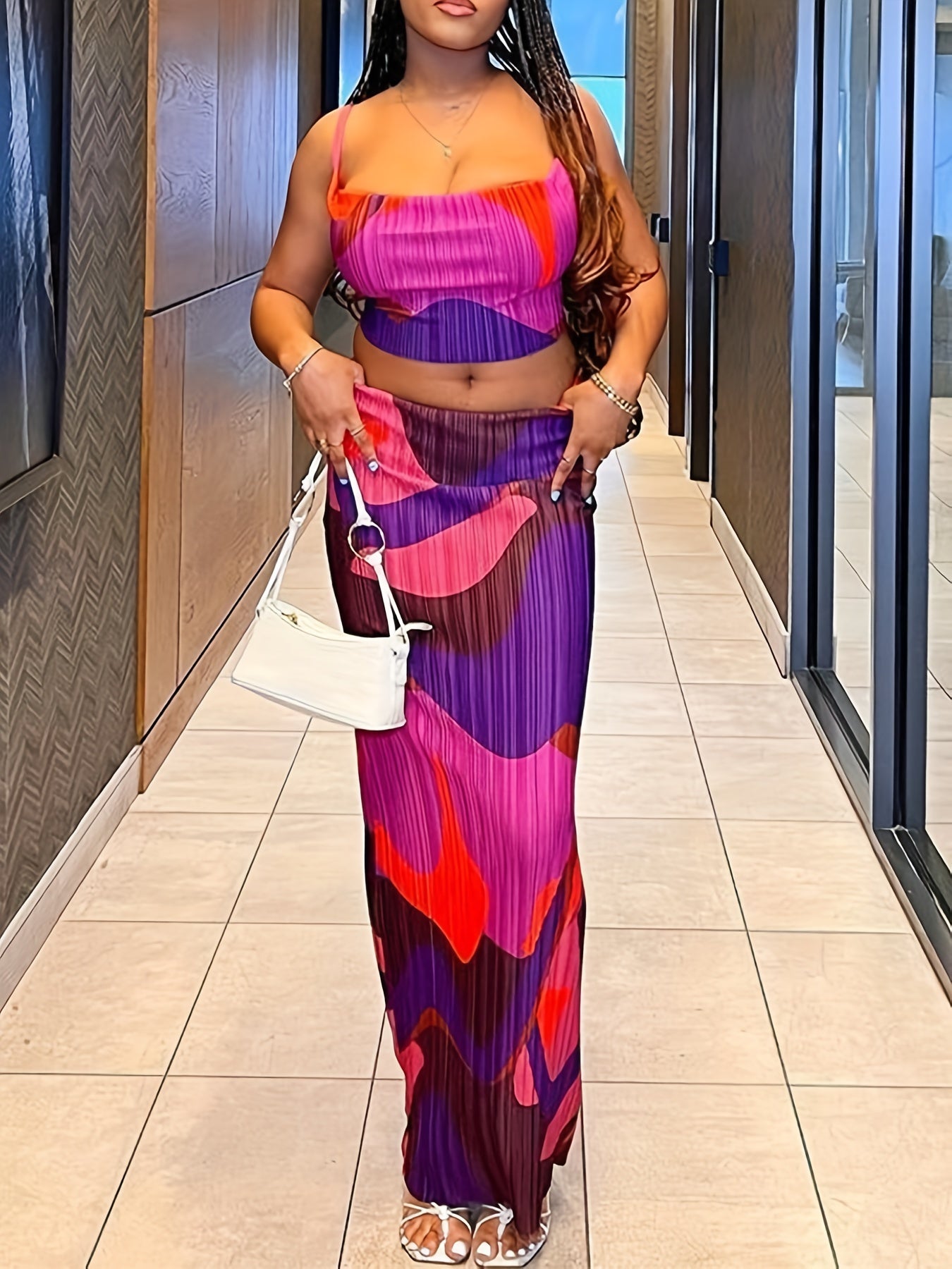 Abstract Print Two piece Set Sleeveless Cropped Cami Top & High Waist Maxi Skirt