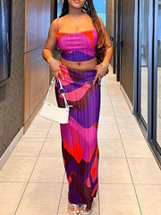 Abstract Print Two piece Set Sleeveless Cropped Cami Top & High Waist Maxi Skirt