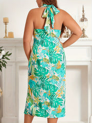  Tropical Print Twist Front Midi Dress