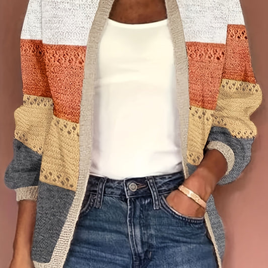  Colorblock Pointelle Long Sleeve Cardigan