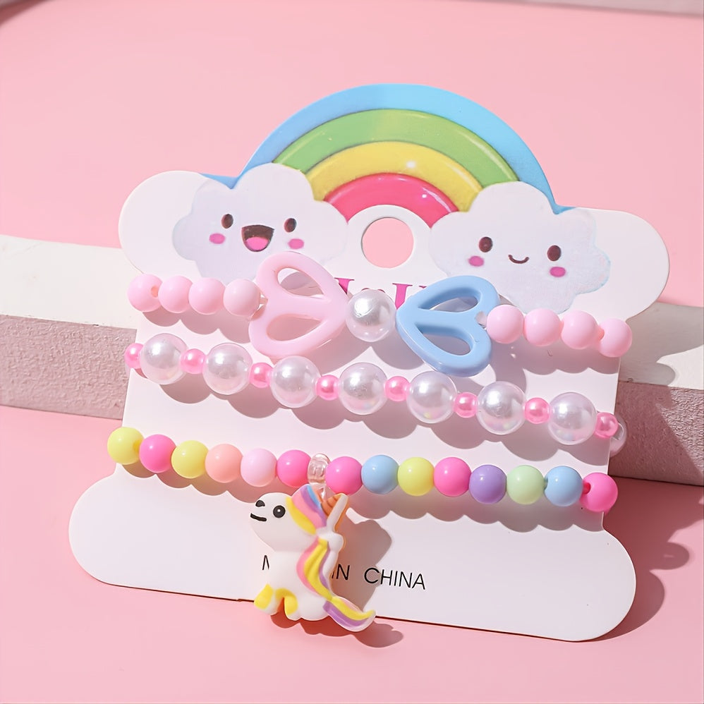 3pcs Unicorn Pendant Beaded Bracelet Set For Kids
