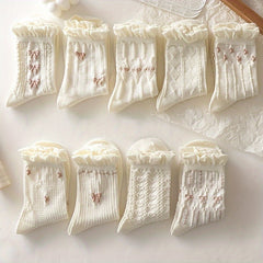 9 Pairs Floral & Bow Print Socks Women's Stockings & Hosiery