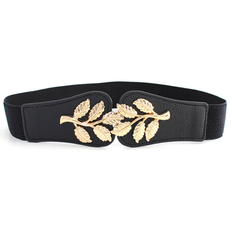 Metal Leaf Decoration Thin Elastic Waist Belt For Women