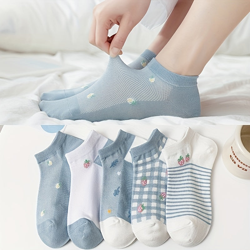 10 Pairs Strawberry Print & Low Cut Ankle Socks Women's Stockings